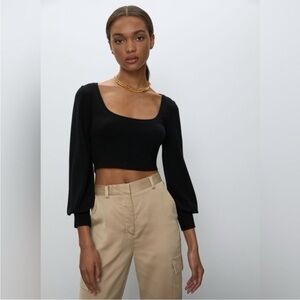 Aritzia Babaton Paxton Cuffed Long Sleeve Low Scoop Crop Top Womens XS Black